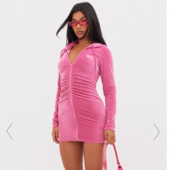 PrettyLittleThing Dresses & Skirts - PRETTYLITTLETHING HOT PINK VELOUR ZIP THROUGH HOODED BODYCON DRESS